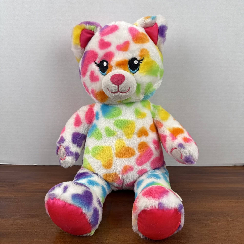 Retired‎ Build A Bear Rainbow Hearts Kitty Cat 16" Plush Stuffed Animal